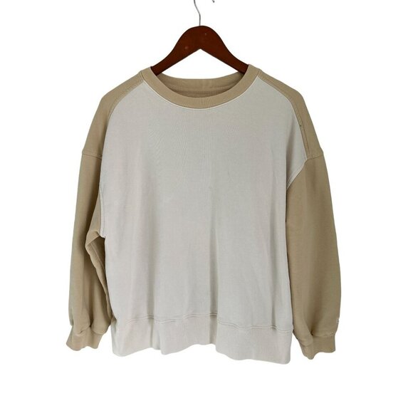 Everlane Tops - Everlane Color-block Sweatshirt Crewneck Organic Cotton Tan White Emblem Size La